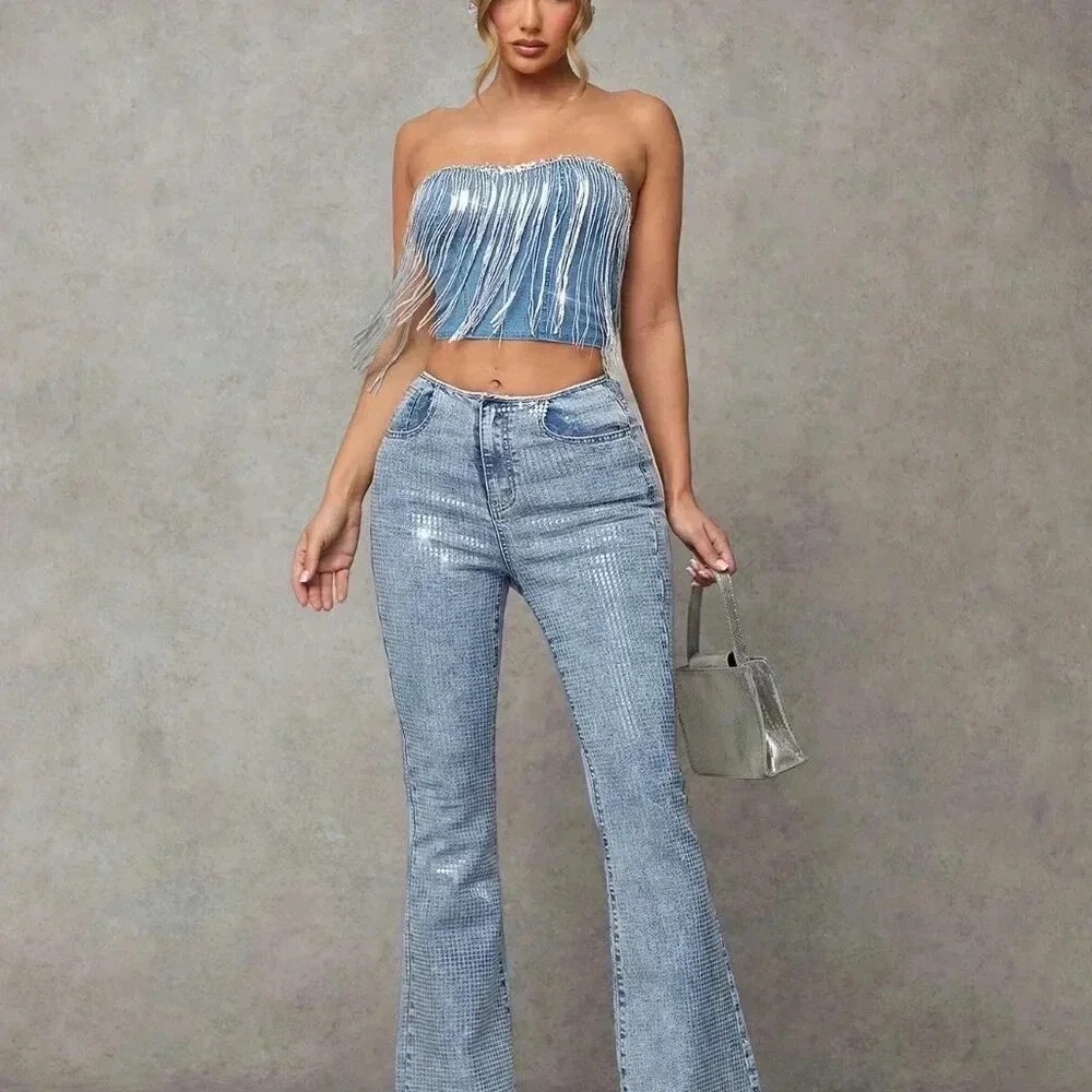 Medium Wash Party Women's Blue Skinny Stretchy Flared Denim Jeans - Picture 6 of 7